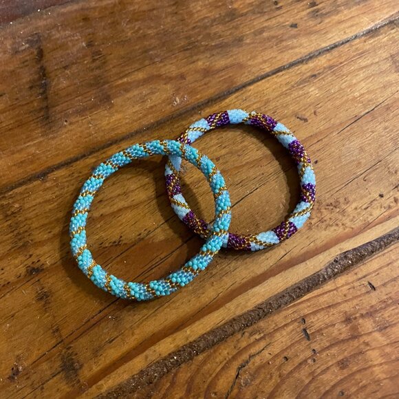 Nepal Glass Beaded Crochet Bangle Bracelets Sashka Co. Boho Hippy Colorful Set 2 - Picture 2 of 5